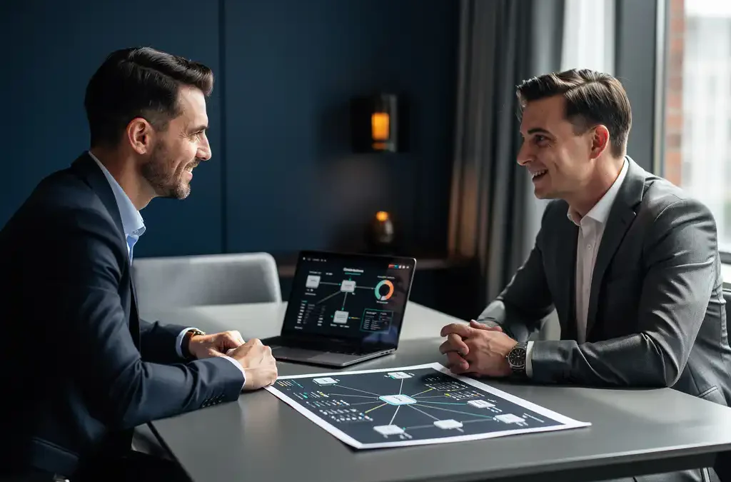 IT-professional en zakelijke klant bespreken netwerkinfrastructuur aan moderne vergadertafel met laptop en diagram.