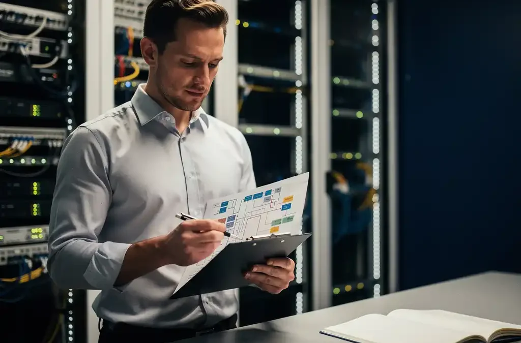 IT-professional bekijkt netwerkdiagram op klembord in datacenter met serverracks op de achtergrond.