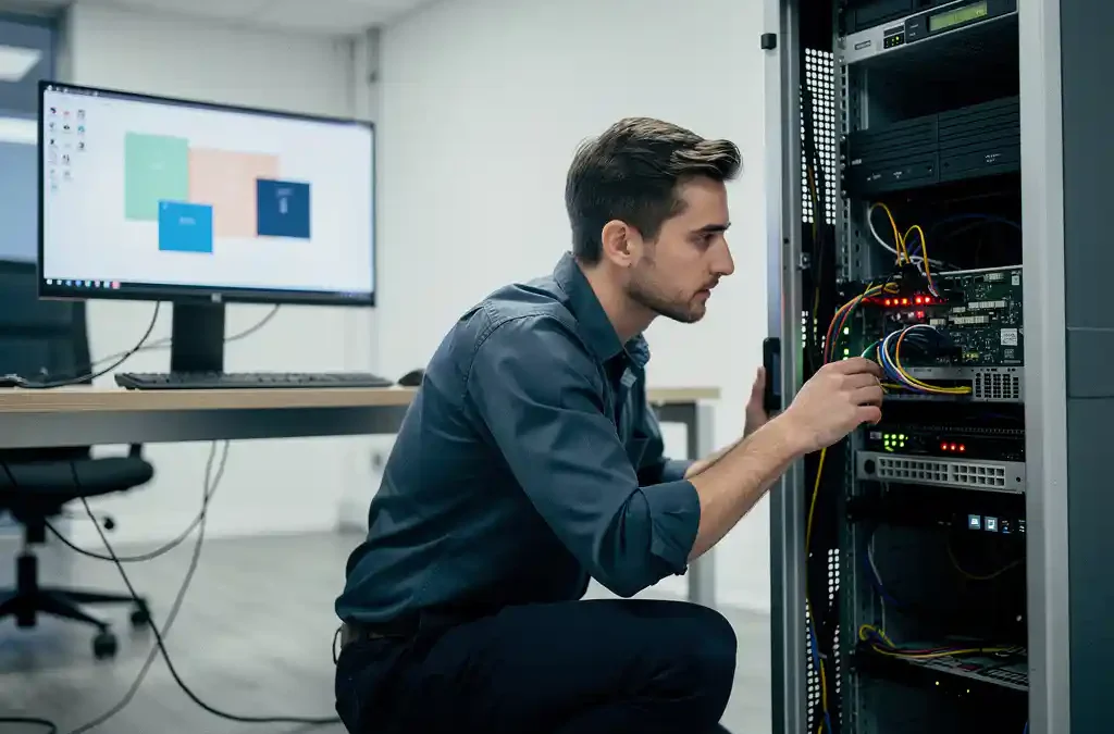 IT-technicus naast open serverrack in modern kantoor, met remote desktop sessie zichtbaar op nabijgelegen monitor.