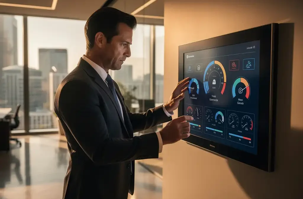 Zelfverzekerde executive bekijkt statusdashboard met prestatiegauges op kantoorwand, stadspanorama op de achtergrond, warm amberkleurig middaglicht.