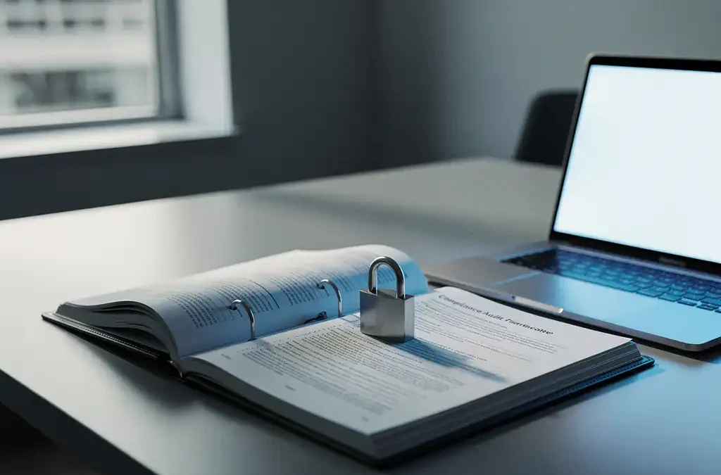 Open compliance audit-map op een zakelijk bureau naast een laptop, met een klein hangslot op de documenten in een modern kantoor.