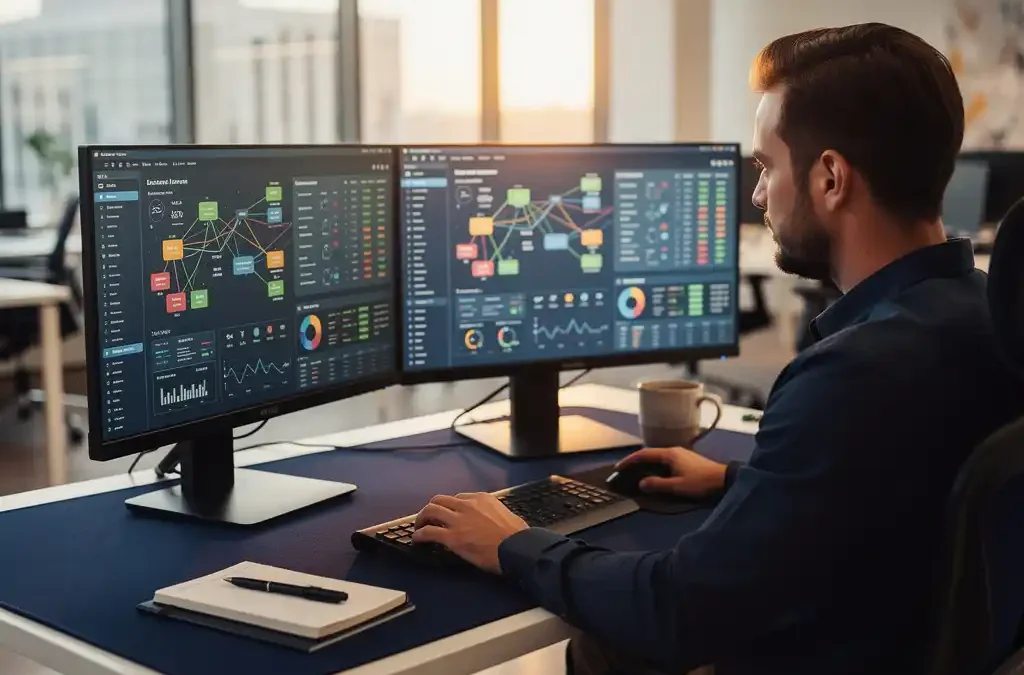 IT-professional bekijkt live netwerkmonitoring dashboards op twee monitoren in een modern kantoor met natuurlijk licht.
