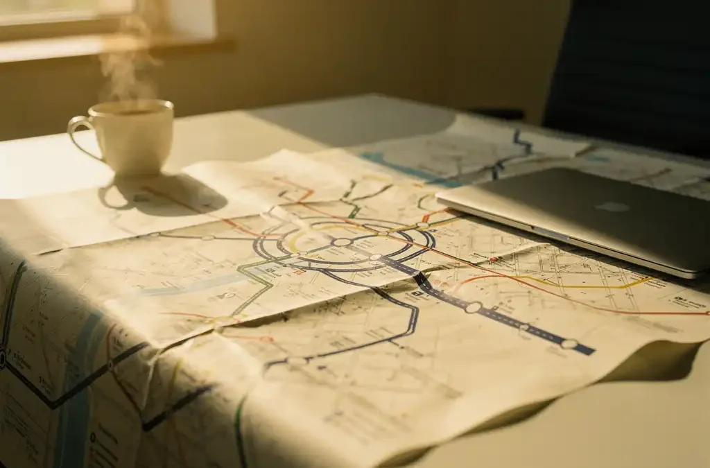 Uitgevouwen papieren routekaart met handgeschreven aantekeningen op modern bureau, laptop en koffiekopje ernaast, warm ochtendlicht.