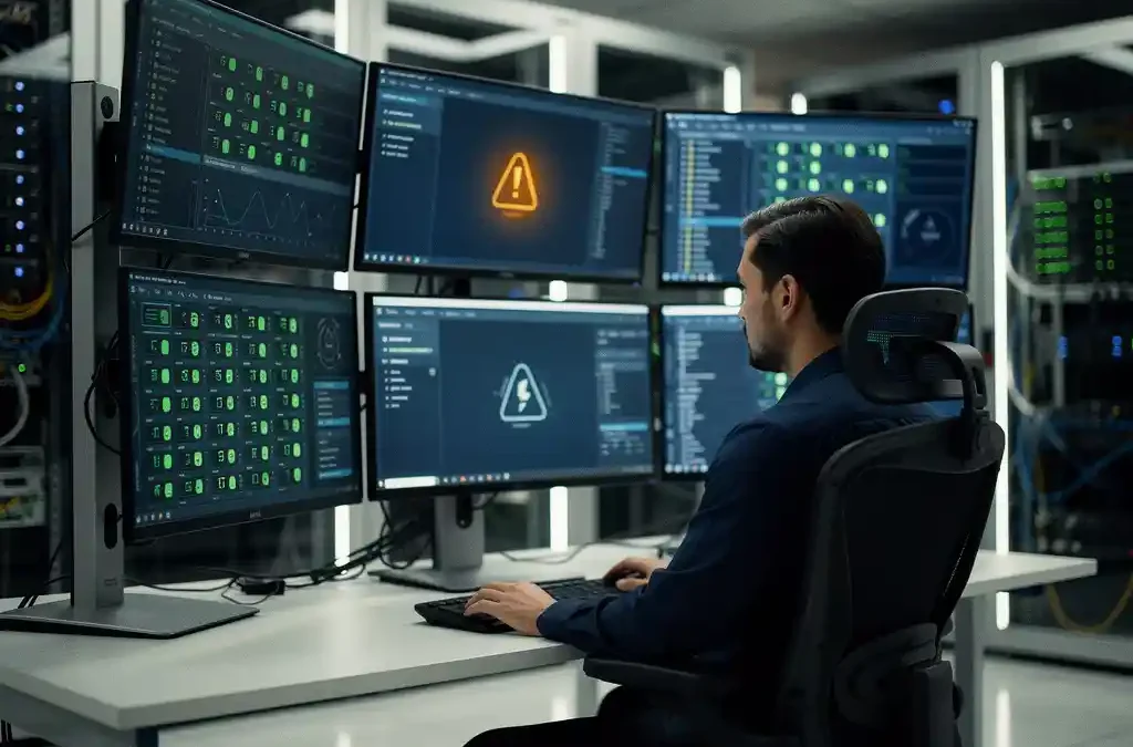 IT-technicus analyseert servermonitoringdashboards in modern datacenter met groene statusindicatoren en vroegtijdige waarschuwingsmelding.
