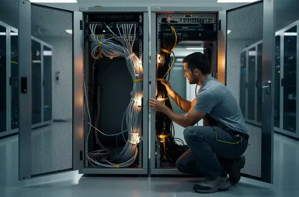Technicus consolideert twee serverracks tot één kabinet in modern datacenter, kabels netjes georganiseerd, stalen blauwe en amberkleurige tinten.