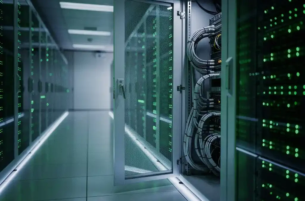 Verlichte serverrack-indicatoren gloeien groen in een datacentergang, met één open rackdeur die dichte bekabeling onthult.