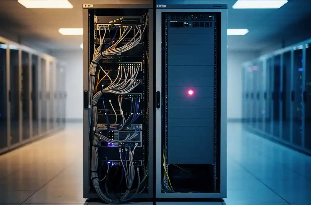 Serverrack in datacentergang met gedeelde kabelzijde en geïsoleerde zone met knipperend indicatielampje.
