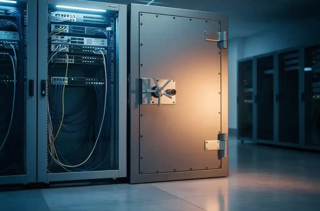 Serverrack naast een stalen kluisdeur in een modern datacenter, verlicht met blauw en amberkleurig licht.