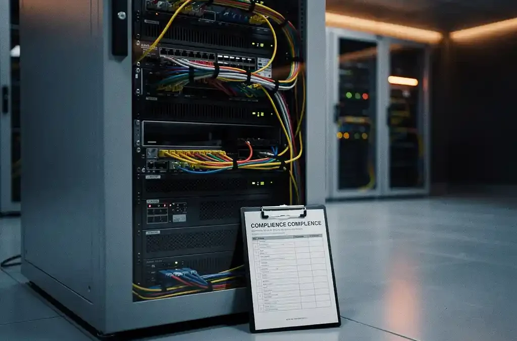 Serverrack met geordende kabelbundels in beveiligde serverruimte, clipboard met compliance-checklist leunend tegen het rack.