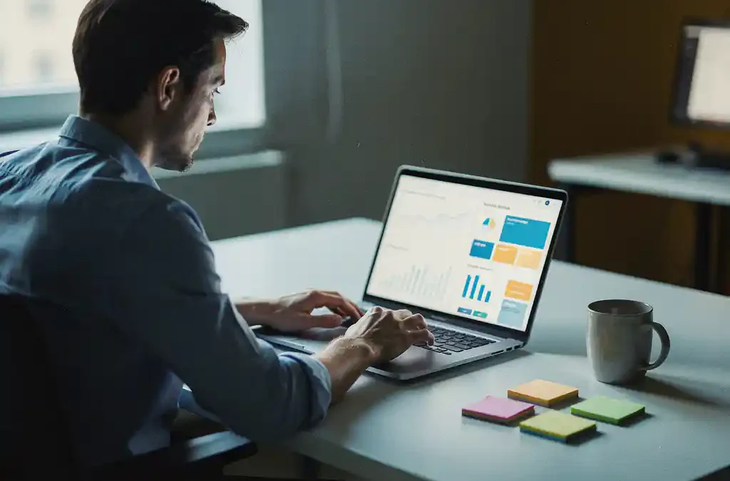 IT-manager analyseert softwaregebruiksstatistieken op laptop aan modern bureau met sticky notes en koffiemok.