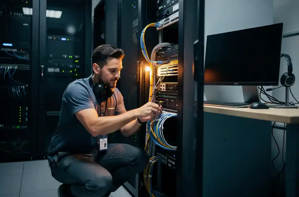 Technicus hurkt bij open netwerkkast in serverruimte en traceert kabels, met georganiseerde werkplek op achtergrond.