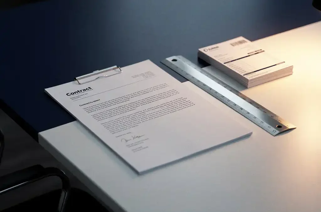 Contractdocument op modern bureau naast architectenliniaal en facturen, warm licht en koele schaduw, navy en warmwit kleurenpalet.