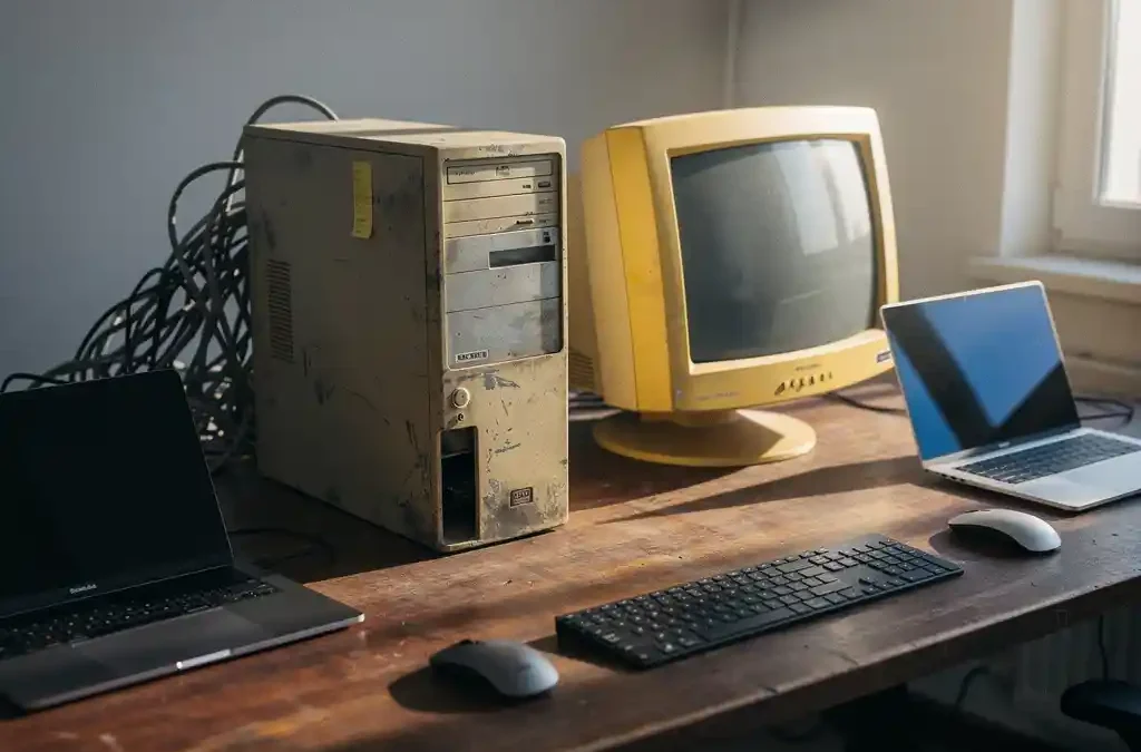 Verouderde desktop computer met vergeeld monitor en verwarde kabels tussen moderne laptops op een rommelig bureau.