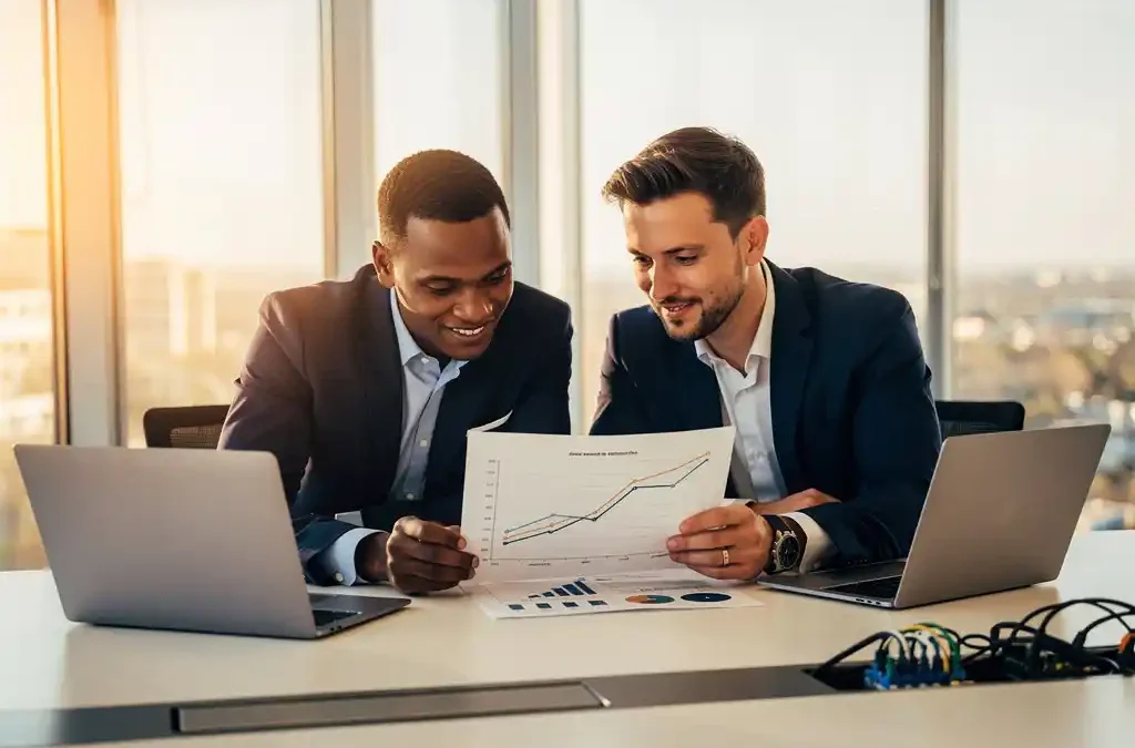 Twee professionals bekijken samen een groeigrafiek aan een moderne vergadertafel met laptops en netwerkkabels in een licht kantoor.