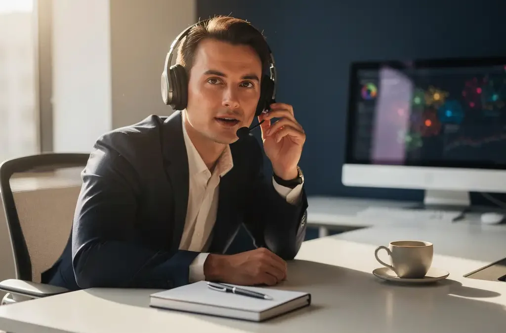 Zakelijke professional met headset aan modern bureau, netwerkdashboard op achtergrondmonitor, notitieboek en koffiekop in warm kantoorlicht.